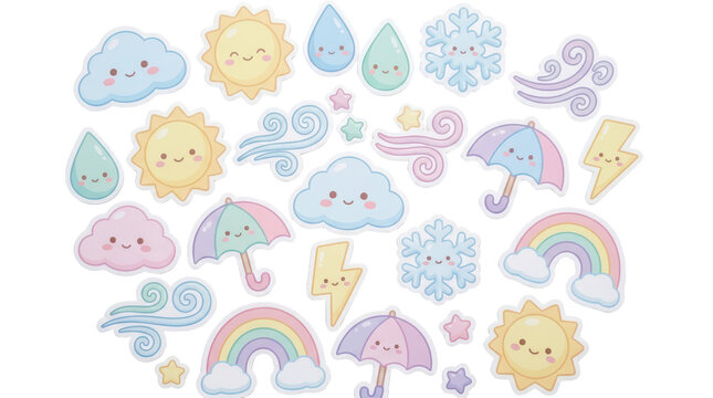 Set of cute kawaii weather icons including suns, clouds, rainbows, umbrellas, snowflakes, lightning bolts, and wind swirls isolated on transparent background