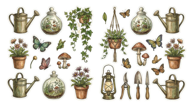 Set of vintage garden and naturethemed stickers featuring plants, butterflies, mushrooms, and tools isolated on transparent background