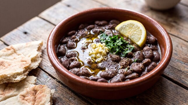 Close up of traditional Sudanese Ful Medames, braised fava beans served with flatbread on wood.