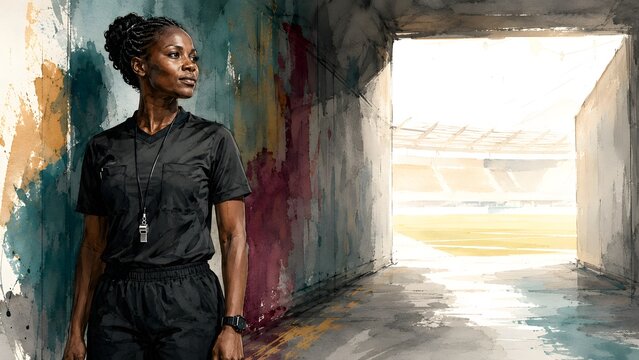 sports women's football 2026 Women&rsquo;s Africa Cup of Nations female referee in stadium tunnel with whistle representing leadership, officiating and match preparation with copy space

