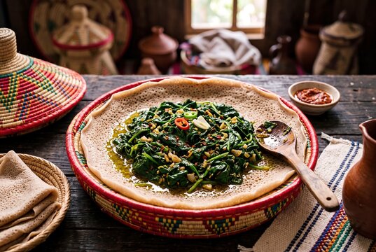 Delicious traditional Eritrean Hamli dish featuring seasoned stir-fried spinach served over soft sourdough injera.