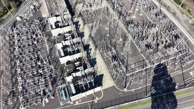 High voltage electrical substation aerial view