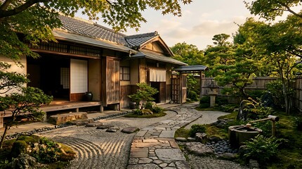 Obraz premium Traditional Japanese house with zen garden and lanterns.