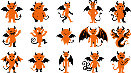Fototapeta premium Orange devil characters collection vector illustration with playful design