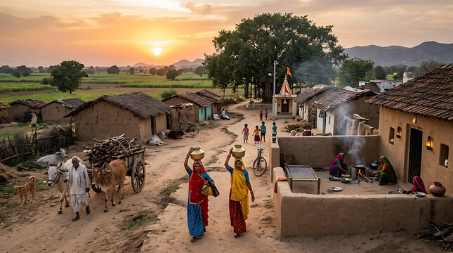 Rural village scene at sunset with people houses and landscape view