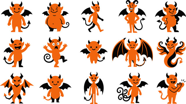Orange devil characters collection vector illustration with playful design