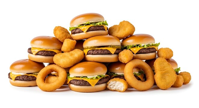 A pile of cheeseburgers, chicken nuggets, and onion rings isolated on white background