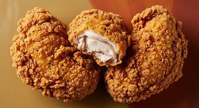 Three pieces of crispy fried chicken tenders, one broken open to show the white meat inside