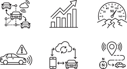 Fototapeta premium A set of black and white vector illustration icons representing modern autonomous vehicle technology and connected automotive digital systems