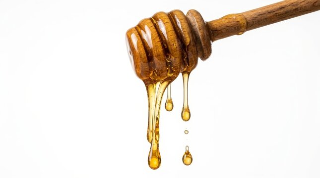 Golden viscous honey dripping from a wooden honey dipper tool isolated on white background