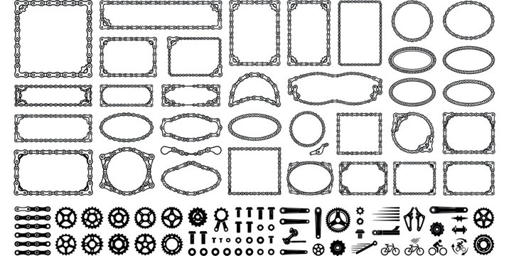 Bicycle chain frame border and sprocket gear wheel element collection set for cycling race poster or bike workshop repair service graphic vector illustrations