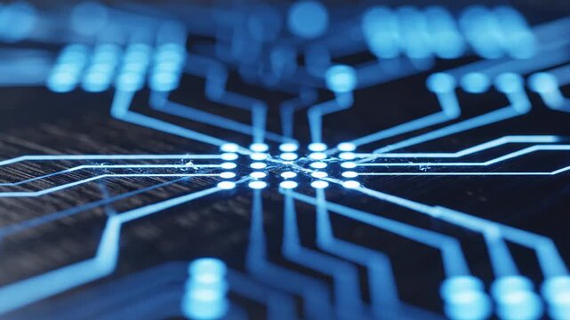 Close-up macro shot of a glowing blue circuit board with luminous traces and nodes radiating from a central connection point.
