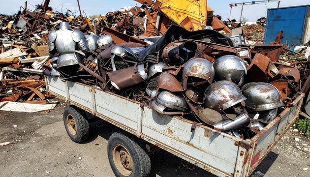 Scrap Metal Yard Trailer Loaded With Rusty Helmets and Armor Pieces, Representing Recycling and Industrial Waste