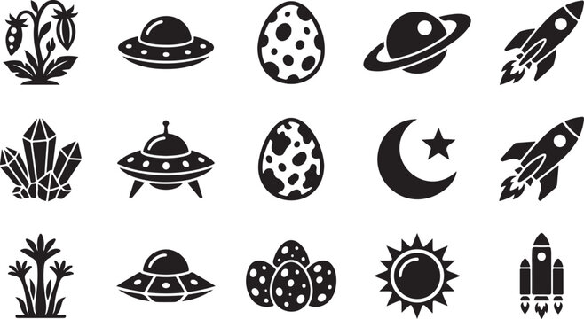 Minimalist black vector graphic set featuring diverse space exploration icons including rockets planets ufo spacecraft and celestial star elements