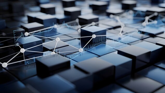 Abstract blockchain network with connected digital data blocks, decentralized technology concept, secure distributed computing and intelligent connectivity infrastructure background