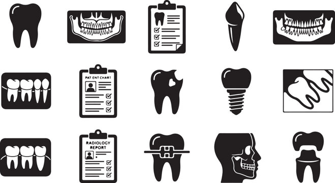 Black and white vector illustration set displaying various dental hygiene icons including teeth xrays charts and orthodontic oral implants