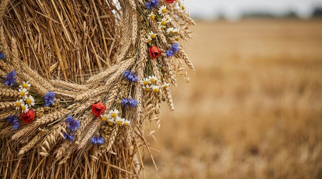 Grain and wildflower wreath against a straw harvest stack