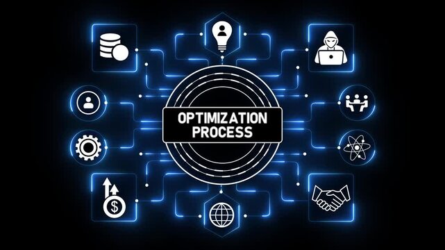 Optimization Process Platform Featuring Intelligent Digital Workflows and Enterprise Analytics on Dark Blue Background .Animation video.