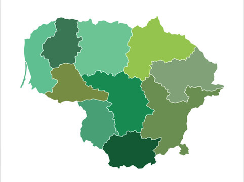 Green Lithuania Map with Administrative Regional Borders and Districts Illustration