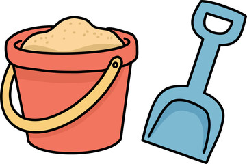 Red sand bucket and blue shovel for beach play cartoon illustration