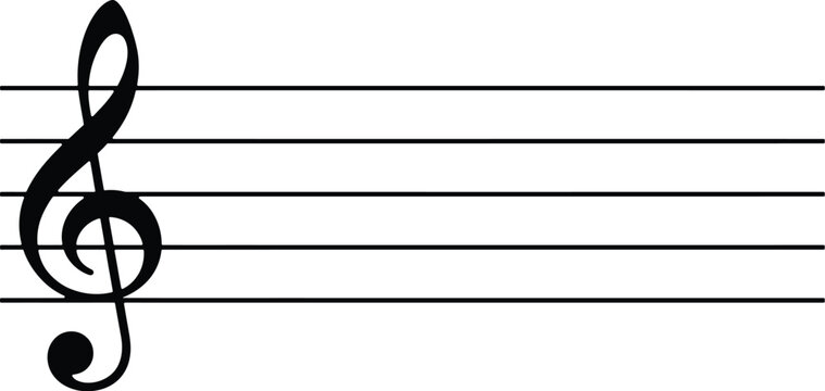 Treble clef on musical staff, black music notation, blank sheet music vector