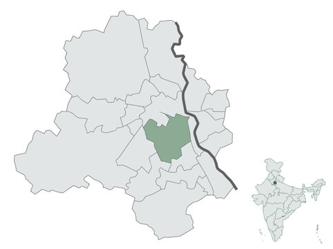 Vector Map of Central Delhi District Highlighted in NCT Delhi, India with Location Inset