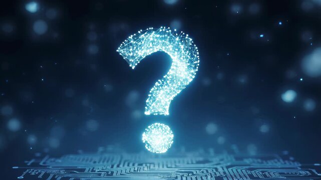 Glowing digital question mark hovering over a circuit board
