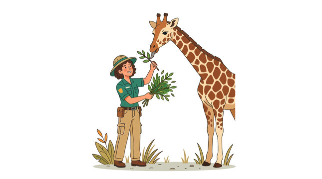 Zookeeper feeding giraffe leaves, animal care, wildlife conservation