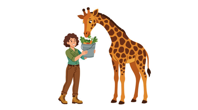 Zookeeper feeding carrots to a giraffe, zoo animal care, healthy diet, wild animal interaction