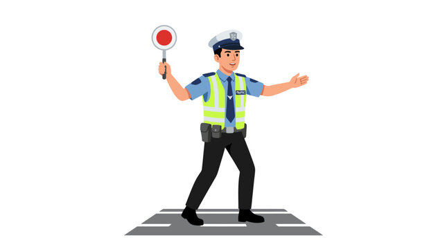 Traffic Police Officer Directing Traffic with Stop Sign - Vector Illustration