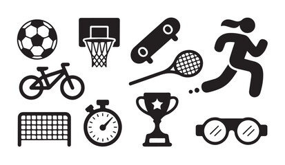 Collection of professional sport icons featuring soccer ball basketball hoop skateboard runner trophy. © Md