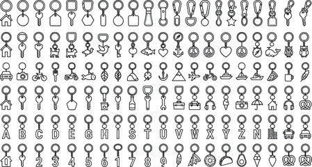 Fototapeta premium Metal keychain and split ring line icon collection set with carabiners alphabet letters numbers and souvenir charms vector outline illustrations
