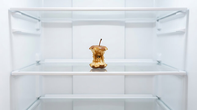 Minimalist view of a single apple core left in an empty white domestic refrigerator