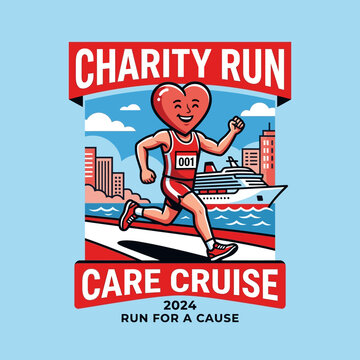 Heart Character Running In A Charity Care Cruise Event Promoting Health And Support