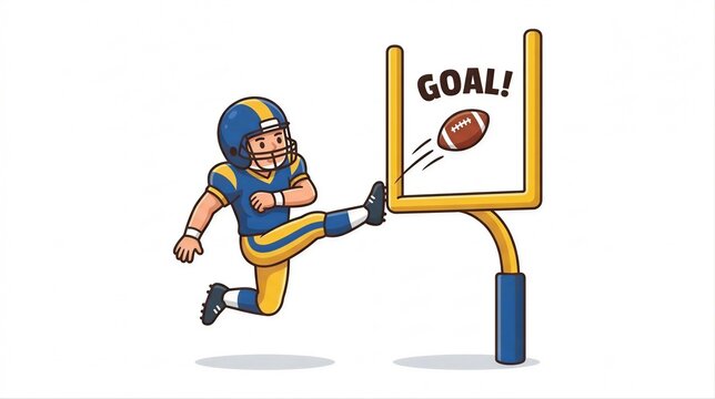 Football kicker scoring a field goal into the goalpost. American football player in uniform kicking a ball. Sports competition, athletic achievement and championship game concept.