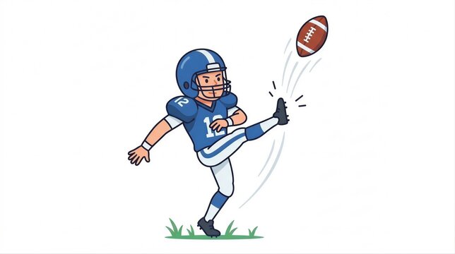 Football punter kicking ball during game. Man athlete in helmet and uniform playing american football on field. Professional sport action, competitive teamwork and athletic training concept.