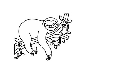 Fototapeta premium Cute cartoon sloth hanging on a tree branch coloring page.