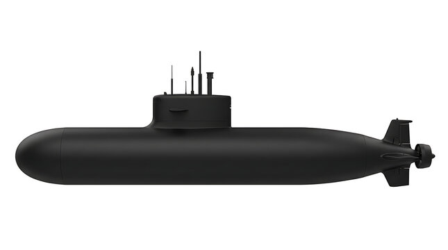 Black Military Submarine Vessel Isolated Against a Solid White Background for Defense Concept