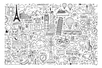Obraz premium Black and White Travel-Themed Doodle Illustration Featuring Iconic Landmarks and Adventure Elements