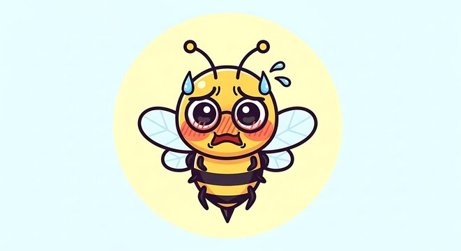 Worried little honey-maker, a vibrant cartoon illustration with expressive eyes and sweat, set against a cheerful pastel palette.