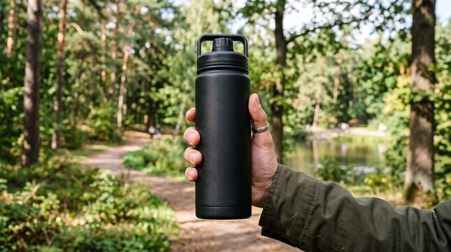 Person holding black insulated water bottle in sunny forest background