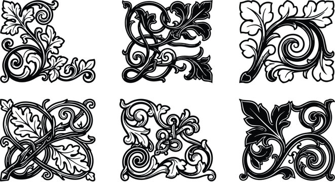 Ornate floral corner vector designs in black and white for borders and frames with six motifs
