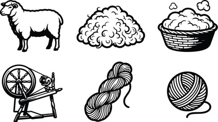 Sheep, wool, spinning wheel, skein, and yarn ball in monochrome vector design © Royal Ability