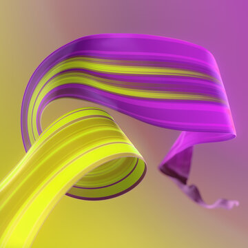 A smooth, wide ribbon with yellow and lilac stripes. The texture resembles silk or satin