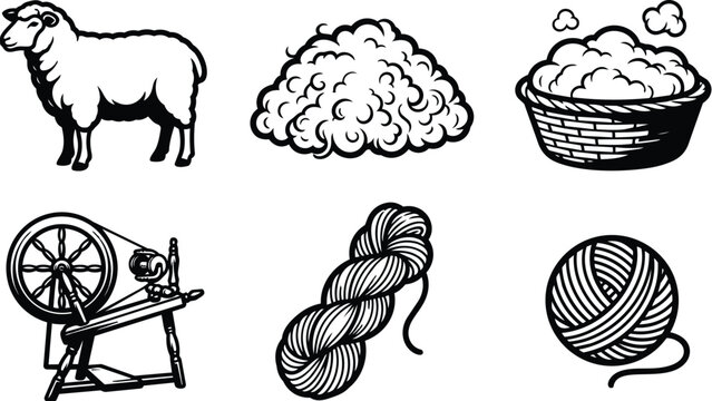 Sheep, wool, spinning wheel, skein, and yarn ball in monochrome vector design