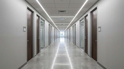 Fototapeta premium Modern office corridor long hallway with doors and bright overhead lighting