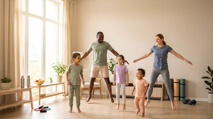 Naklejka premium Happy Family Performing Jumping Jacks Together During Home Fitness Workout