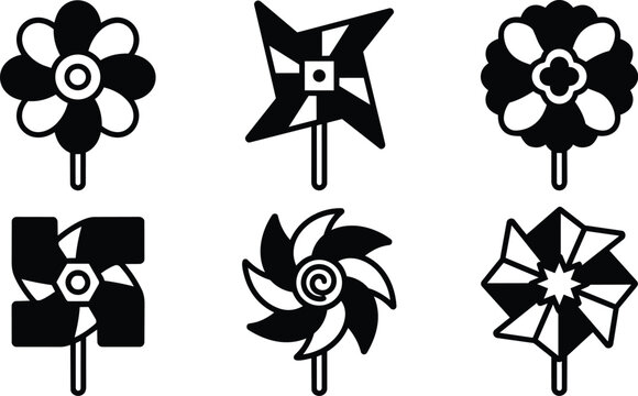 Six black and white flower and pinwheel icons in a vector set