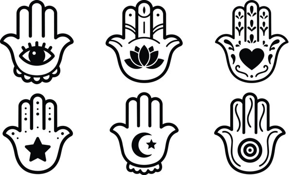 Vector art hamsa hand icons with eye lotus heart star crescent symbols