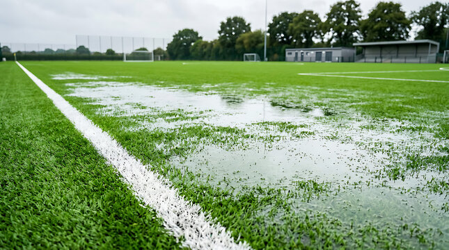 Waterlogged artificial turf football pitch after intense rain causes game cancellations and postponements